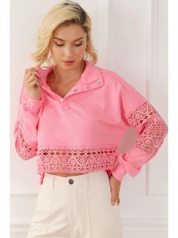 Errabelly - Pink Hollowed Lace Splicing Cropped Sweatshirt