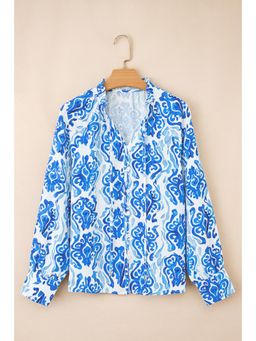 Errabelly - Sky Blue Ethnic Printed Tie Split Neck Button Front Puff Sleeve Shirt