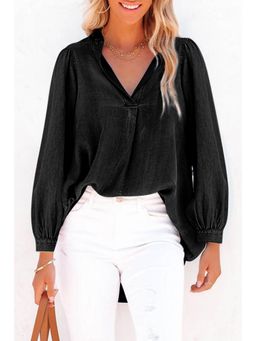 Errabelly - Black Split V-Neck Balloon Sleeve Ruched Denim Top