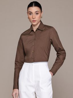 Popnetic - Women Coffee Brown Pure Cotton Formal Shirt
