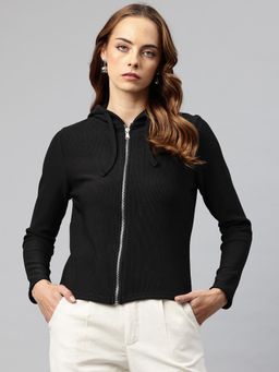 Popnetic - Women Black Ribbed Hooded Sweatshirt