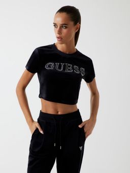 Guess - Women Black Embellished Logo Round Neck Short Sleeves Crop T-Shirt