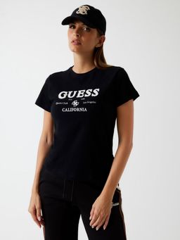Guess - Women Black Chenille Embroidered Round Neck Short Sleeves T-Shirt