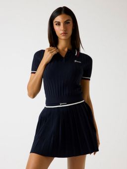 Guess - Women Navy Blue Ribbed Collar Short Sleeves Crop Polo T-Shirt