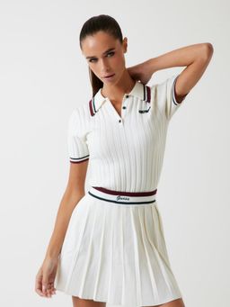 Guess - Women White Ribbed Collar Short Sleeves Crop Polo T-Shirt