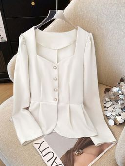 Outzidr - White Full Sleeve Peplum Style Top