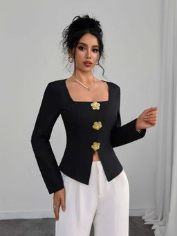 Outzidr - Black Full Sleeves Stylized Button Front Slit Top