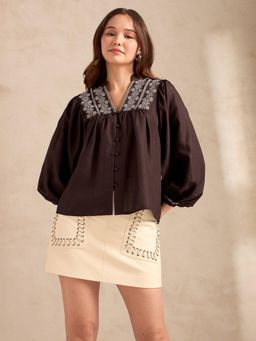 Outzidr - Brown Embroidered Long Sleeves Top