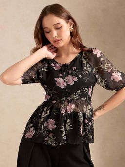 Outzidr - Black Floral Printed Top