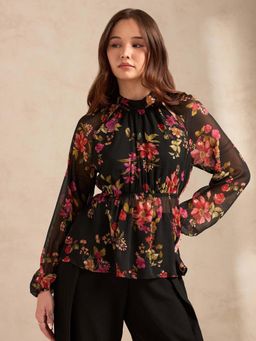 Outzidr - Black Floral Printed Top