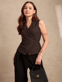 Outzidr - Brown Sleeveless Blazer Top with Wrap Tie Up