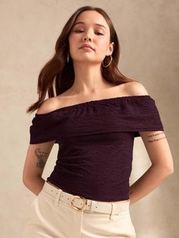 Outzidr - Purple Textured Off-Shoulder Top