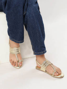 Aria Nica - Girls Midas Golden Flat Kolhapuri Back Strap Flat Sandal