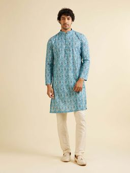 Manyavar - Blue Cotton Blend Digital Print Kurta