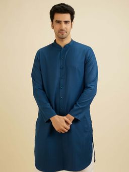 Manyavar - Blue Cotton Blend Self Design Kurta