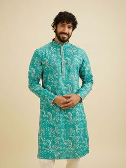 Manyavar - Turquoise Cotton Blend Printed Kurta