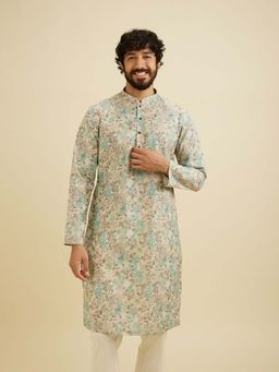 Manyavar - Blue Cotton Blend Floral Print Kurta