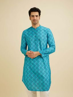 Manyavar - Turquoise Cotton Blend Floral Print Kurta