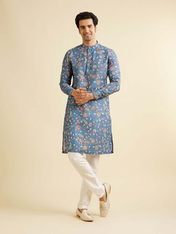 Manyavar - Blue Viscose Blend Floral Print Kurta