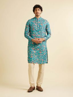 Manyavar - Turquoise Viscose Blend Floral Print Kurta