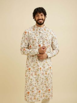 Manyavar - Cream Linen Blend Floral Print Kurta