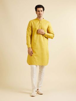 Manyavar - Mustard Cotton Solid Pathani Kurta
