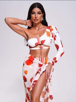 Addery - White Autumn Leafy Bikini Top And Bottom (Set of 3)