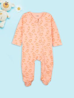 Kidbea - Cute Bunny Printed Full Sleeve Zipper Footed Bodysuit - Pink