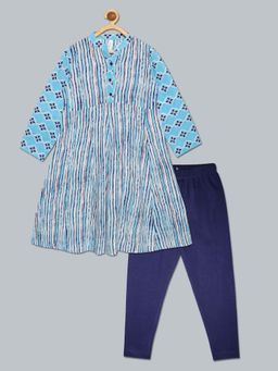 KiddoPanti - Girls Full Sleeve Printed Kurta & Legging - Blue
