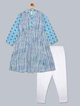 KiddoPanti - Girls Full Sleeve Printed Kurta & Legging - Blue