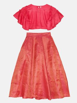 KiddoPanti - Girls Ethnic Half Sleeve Choli & Lehenga - Coral