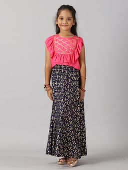 KiddoPanti - Girls Ethnic Ruffle Choli & Lehenga - Pink