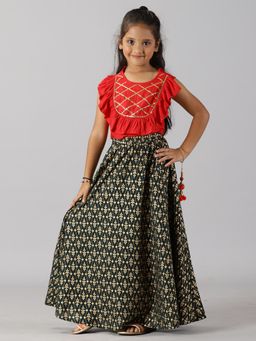 KiddoPanti - Girls Ethnic Ruffle Choli & Lehenga - Red