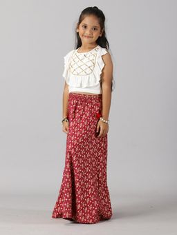 KiddoPanti - Girls Ethnic Ruffle Choli & Lehenga - White