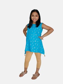 KiddoPanti - Girls Short Asymmetric Kurta & Solid Capri Legging - Multi-Color