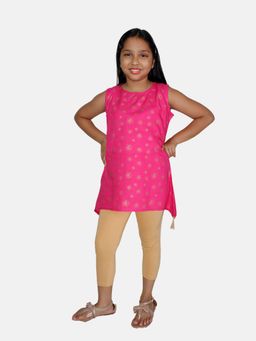KiddoPanti - Girls Short Asymmetric Kurta & Solid Capri Legging - Multi-Color