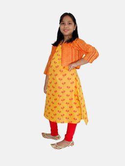 KiddoPanti - Girls Sleeveless Kurta With Crop Shrug & Solid Legging - Orange