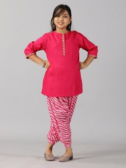 KiddoPanti - Girls Three Fourth Sleeve Short Kurta & Patiala - Pink
