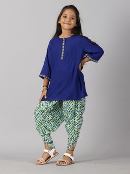 KiddoPanti - Girls Short Kurta & Printed Patiala Dhoti Pant - Blue