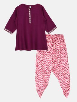 KiddoPanti - Girls Short Kurta & Printed Patiala Dhoti Pant - Purple