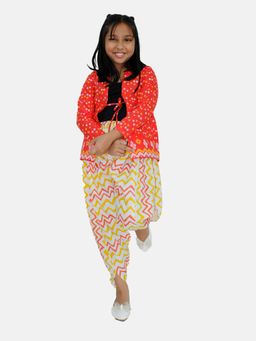 KiddoPanti - Girls Ethnic Tie Up Shrug & Printed Dhoti Pant - Red
