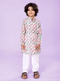 KiddoPanti - Boys Rayon Geometric Long Kurta With Solid Pyjama - Multi-Color