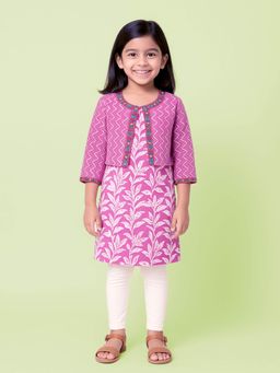 KiddoPanti - Girls Cotton Woven Kurta With Matching Koti & Legging - Pink
