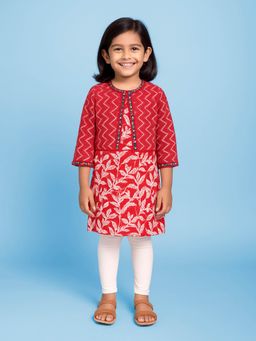 KiddoPanti - Girls Cotton Woven Kurta With Matching Koti & Legging - Red