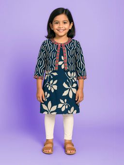 KiddoPanti - Girls Cotton Woven Kurta With Matching Koti & Legging - Blue