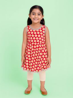 KiddoPanti - Girls Cotton Peplum Kurta Top With Solid Capri Legging - Red