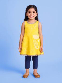 KiddoPanti - Girls Cotton Peplum Kurta Top With Solid Capri Legging - Yellow