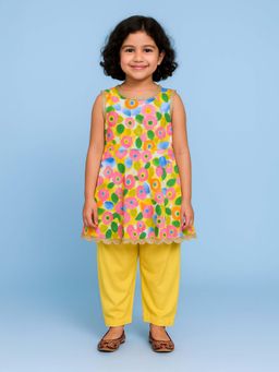 KiddoPanti - Girls Cotton Sleeveless Peplum Kurta Top With Solid Pyjama - Yellow