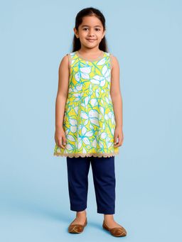 KiddoPanti - Girls Cotton Peplum Kurta Top With Solid Pyjama - Multi-Color