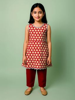 KiddoPanti - Girls Cotton Sleeveless Peplum Kurta Top With Solid Pyjama - Red